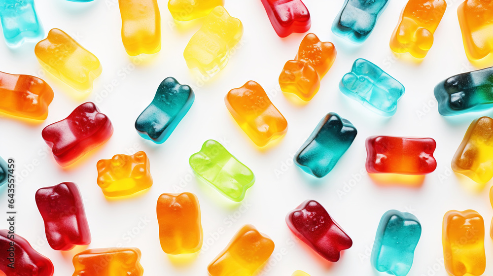 Gummy Jelly Bears Candies background. Sweet tasty backdrop. Generative AI