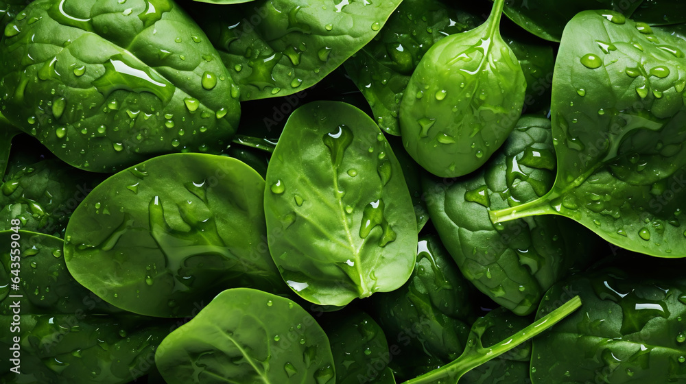 Fresh green spinach leaves with water drops background. Vegetables backdrop. Generative AI