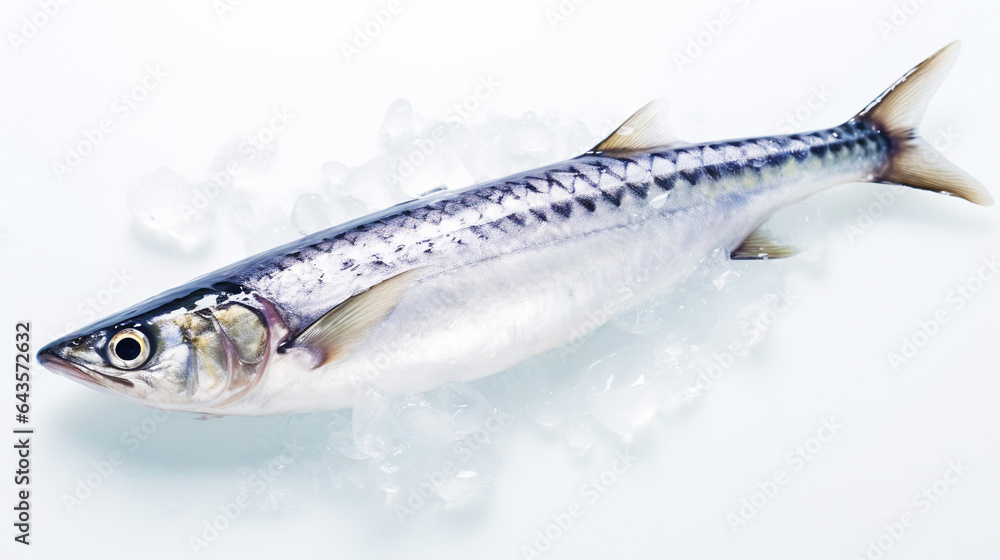 Fresh mackerel fish (Scomber scrombrus) on ice. Seafood background. Generative AI