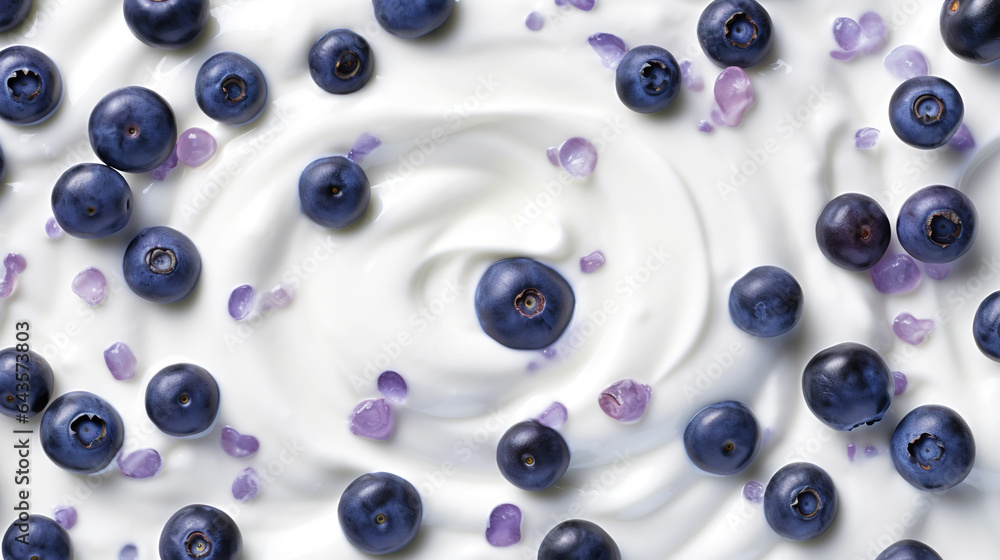 Yogurt and fresh berries blueberries, background. Top view. Generative AI