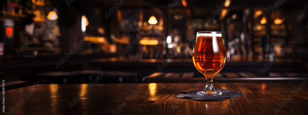 Snifter glass of light beer on bar table in a dark pub with copy space. Generative AI