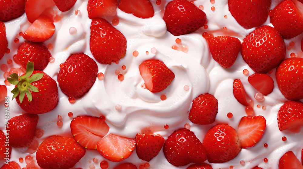 Yogurt and fresh strawberries, background. Top view. Generative AI