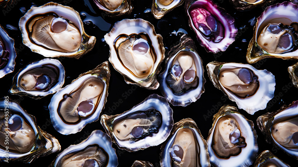 Top view on fresh oysters laying on crushed ice. Seafood background. Generative AI