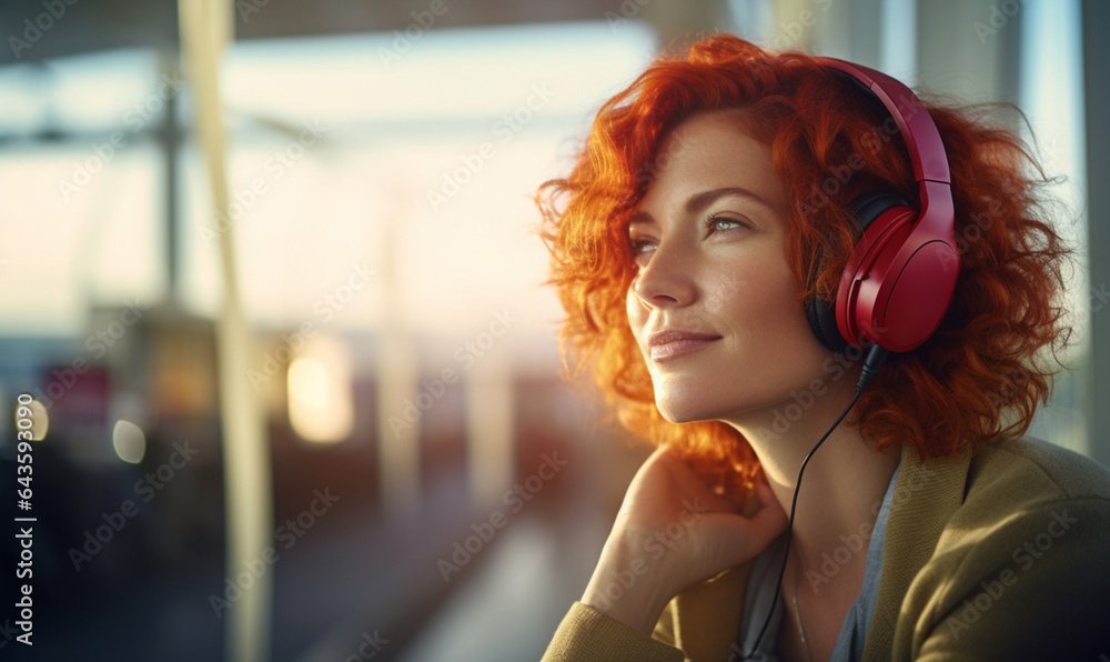 Happy female traveler in airport, Woman sitting in headphones at the terminal waiting for her flight