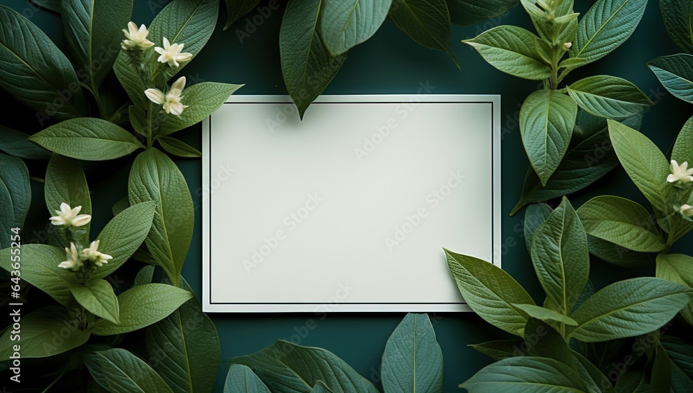 Creative layout made of green leaves and flowers. Flat lay, top view, copy space.