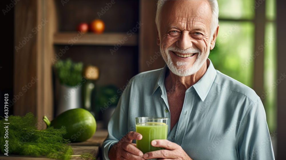 A healthy senior man smiling while holding some green juice glass in the kitchen. Generative Ai