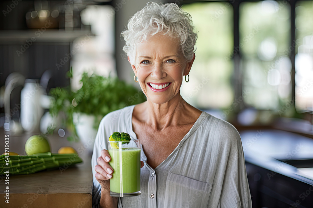 A healthy senior woman smiling while holding some green juice glass in the kitchen. Generative Ai