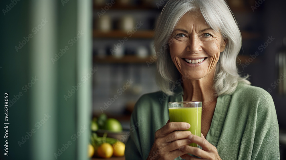 A healthy senior woman smiling while holding some green juice glass in the kitchen. Generative Ai