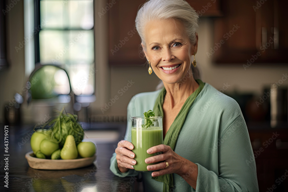 A healthy senior woman smiling while holding some green juice glass in the kitchen. Generative Ai