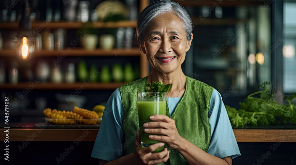 Asian healthy senior woman smiling while holding some green juice glass in the kitchen. Generative A