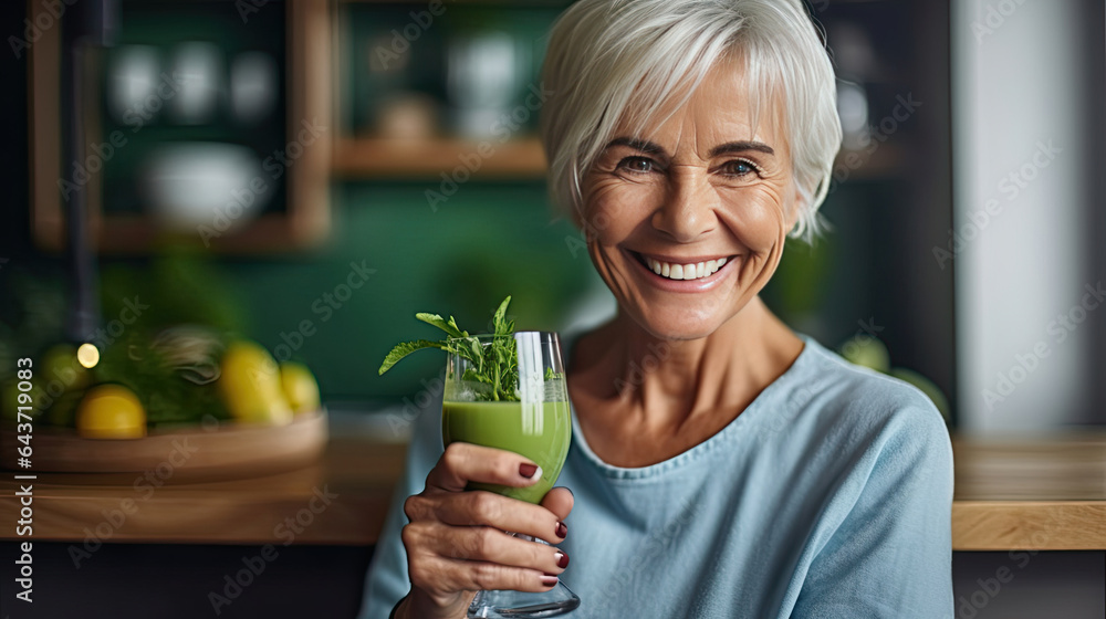 A healthy senior woman smiling while holding some green juice glass in the kitchen. Generative Ai