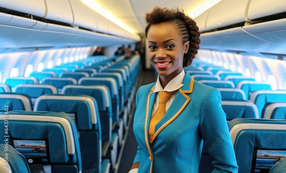 African American woman flight attendant, Female airline stewardess at Airplane.