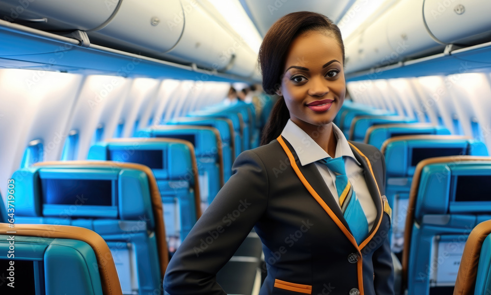 African American woman Flight attendant, Air hostess serving.