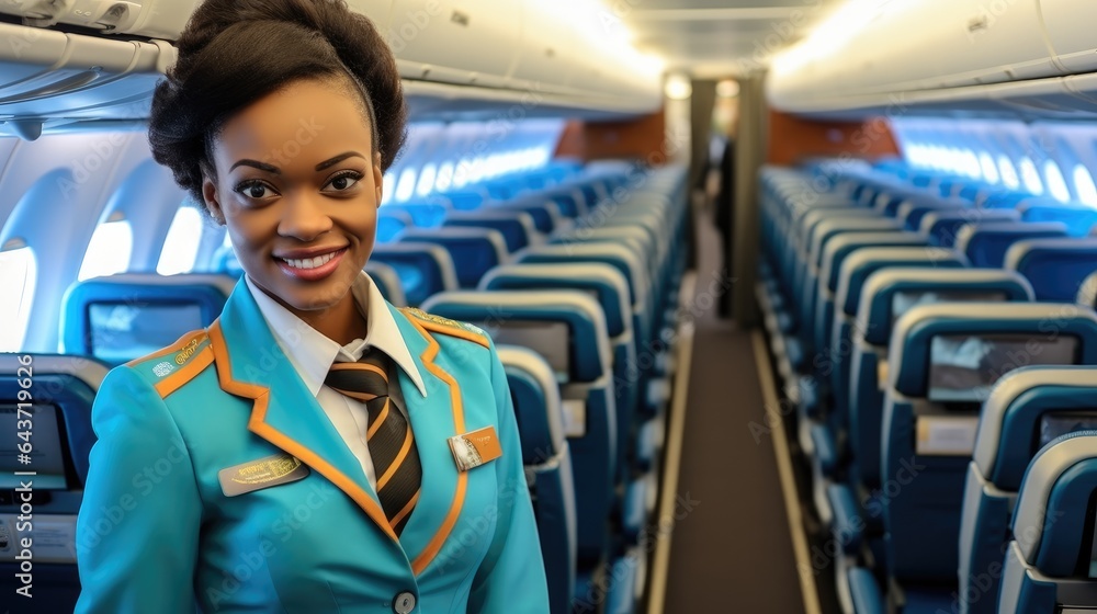 African American woman Flight attendant, Air hostess serving.