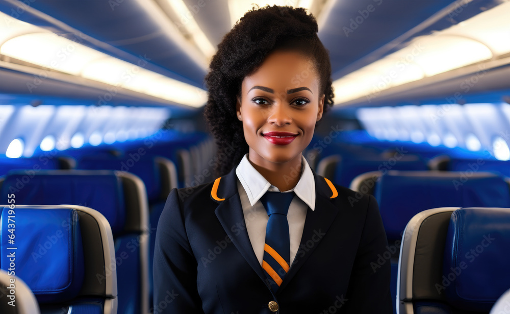 African American woman flight attendant, Female airline stewardess at Airplane.