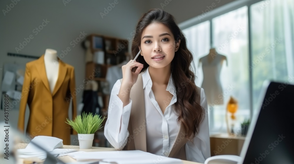 Beautiful Asian young woman in office of fashion designer.