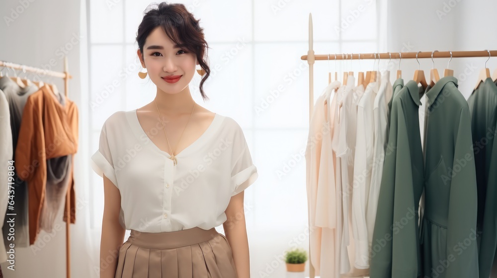 Beautiful Asian young woman in office of fashion designer.