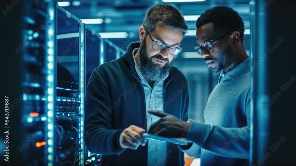 IT Technician works on laptop computer and black male engineer colleague in Data Center while workin