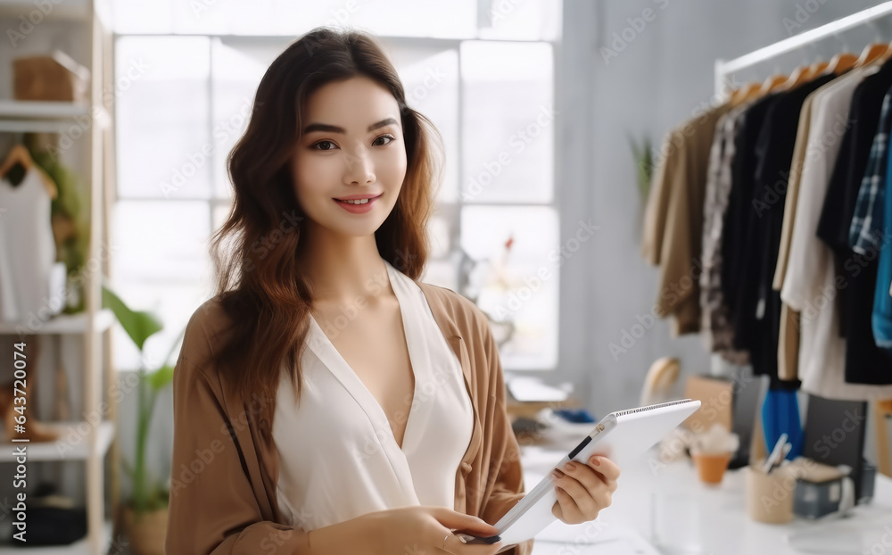 Portrait of Young Asian woman, Fashion designer tailor standing in garment workshop, Seamstress.