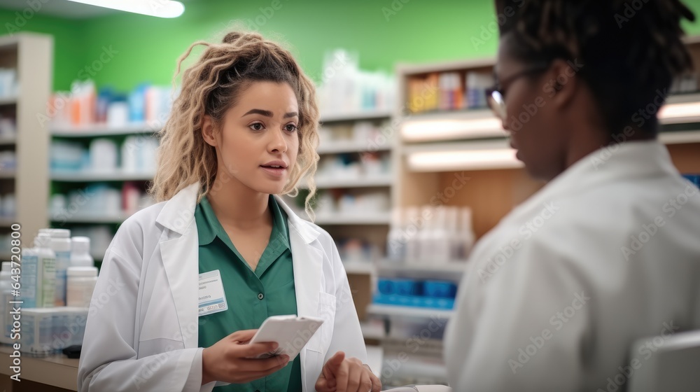 Pharmacist talks with concerned customer about medication in a pharmacy.