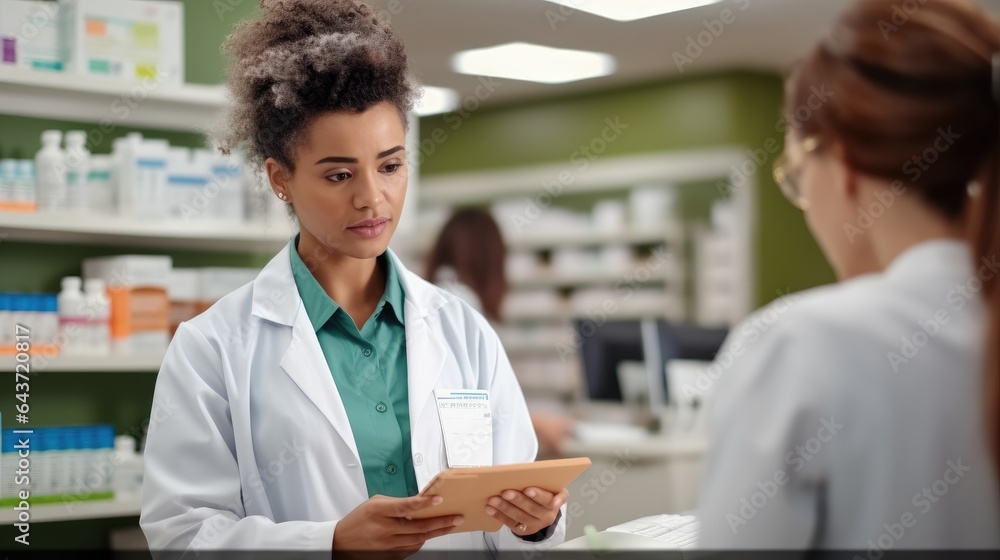 Pharmacist talks with concerned customer about medication in a pharmacy.