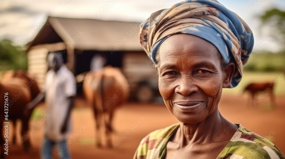 African female farmer standing at farm and agriculture on a sunny day.