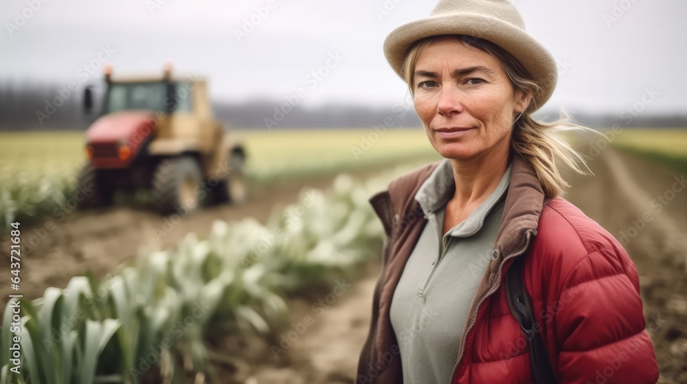 Farmer woman standing in farm.