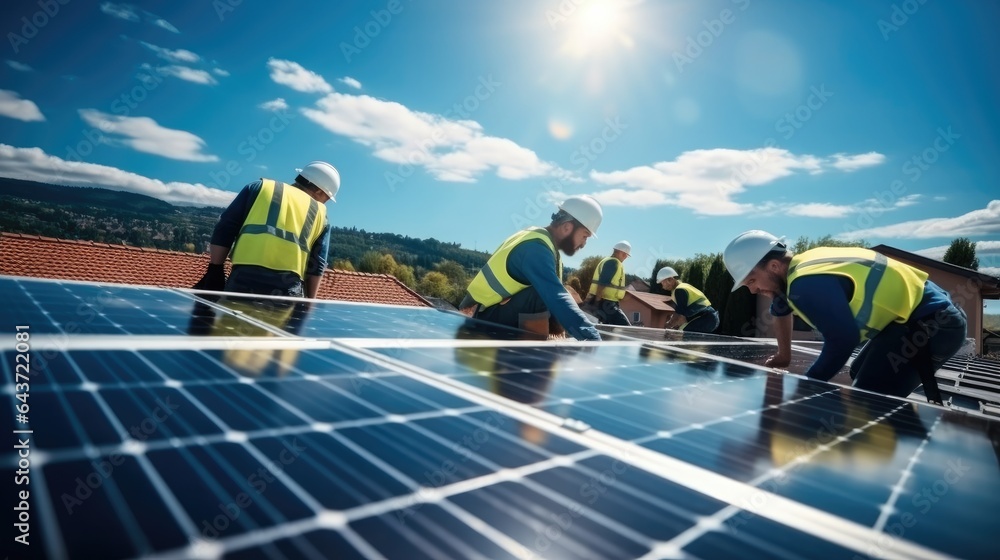 Group of workers are installing solar photovoltaic panels on roof of building, Sustainable energy jo