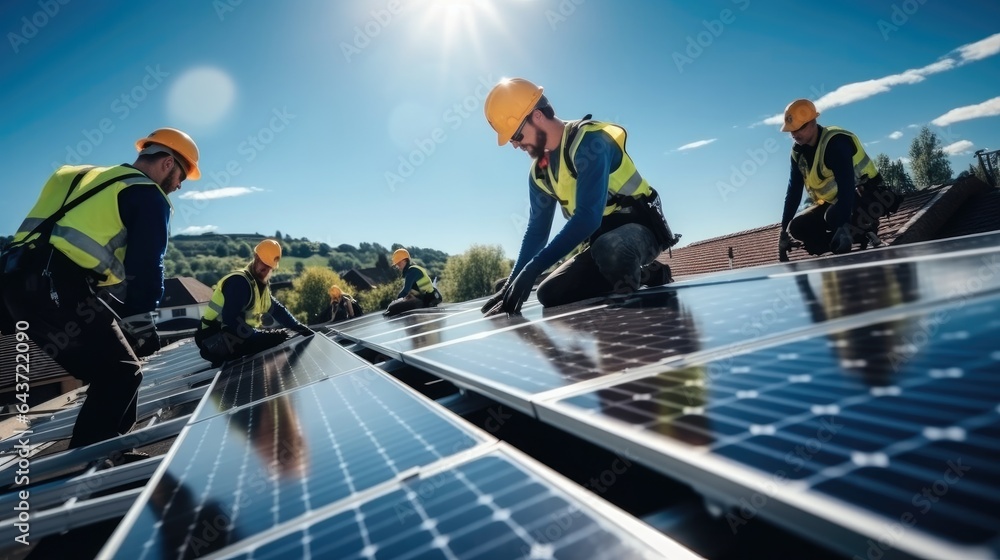 Group of workers are installing solar photovoltaic panels on roof of building, Sustainable energy jo