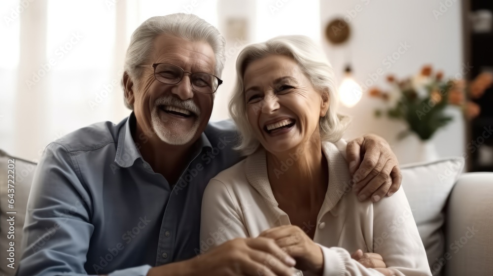 Cheerful senior husband and wife hugging on sofa at home.