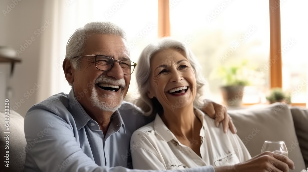 Cheerful senior husband and wife hugging on sofa at home.