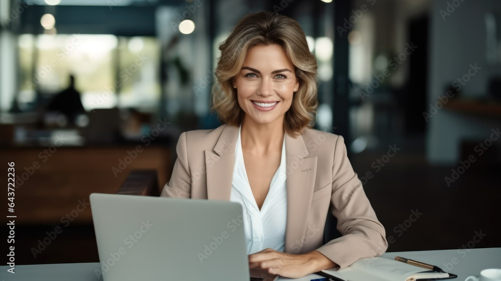 Happy business woman are working on laptop computer at desk in office sitting.