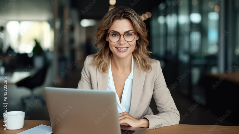 Happy business woman are working on laptop computer at desk in office sitting.