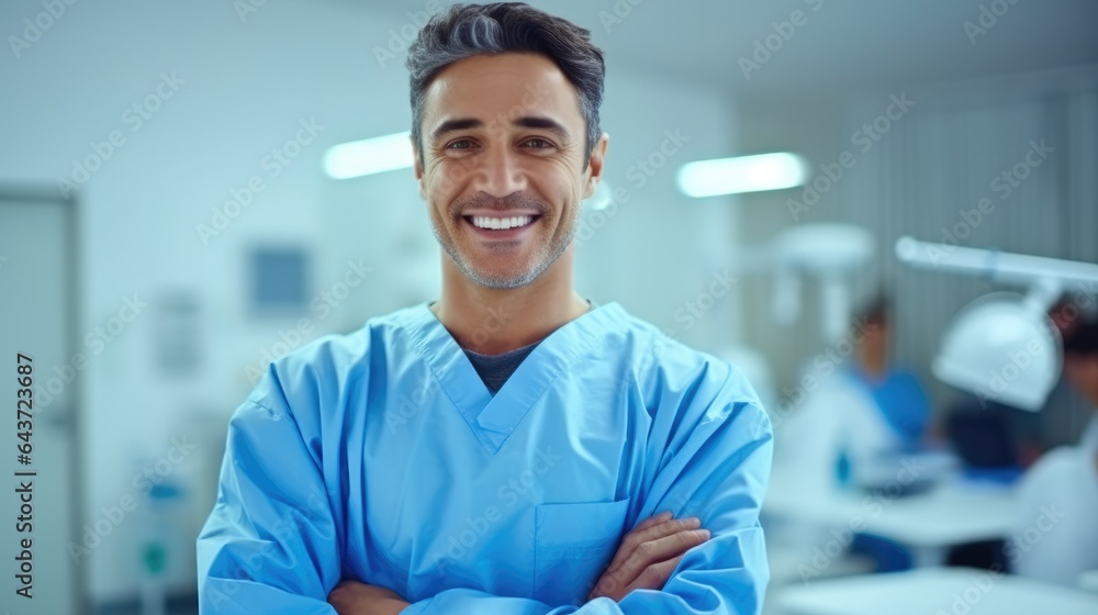 Portrait surgeon Asian man with arms crossed in hospital, Healthcare and wellness concept.