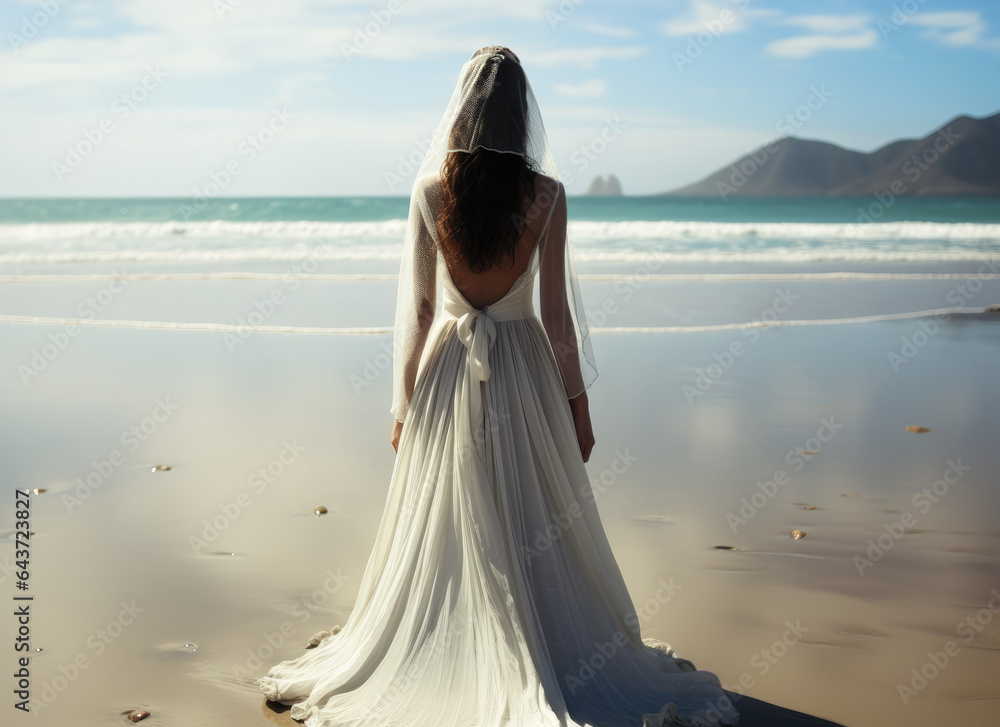 Rear view, Beautiful girl wearing a white veil and a white dress on beach.