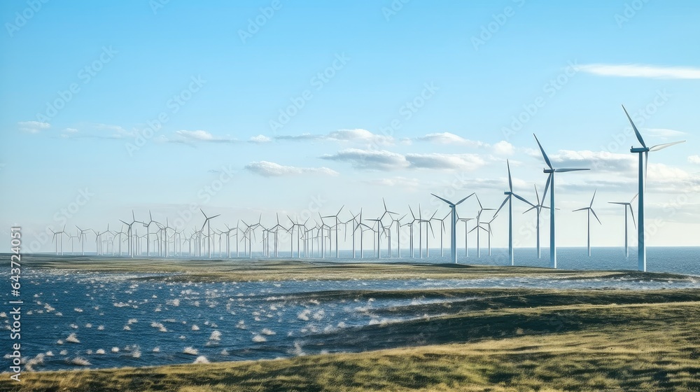 Wind mill farm in sea against blue sky, Renewable energy concept.