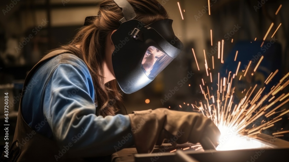 Female welder, Woman in welding helmet working on piece of metal in workshop with sparks flying arou