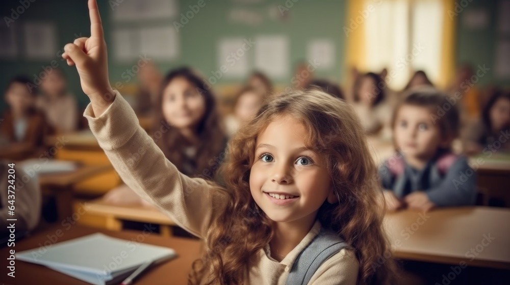 Little girl in school classroom raising hand up to answer teacher.