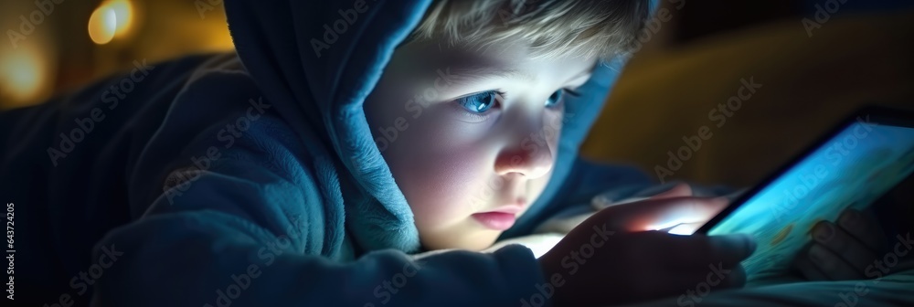 Little girl playing game on her smartphone tablet while laying in bed, Kids screen time concept.