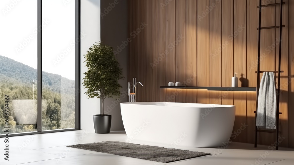 Bathroom interior with wash basin and tub in modern house.