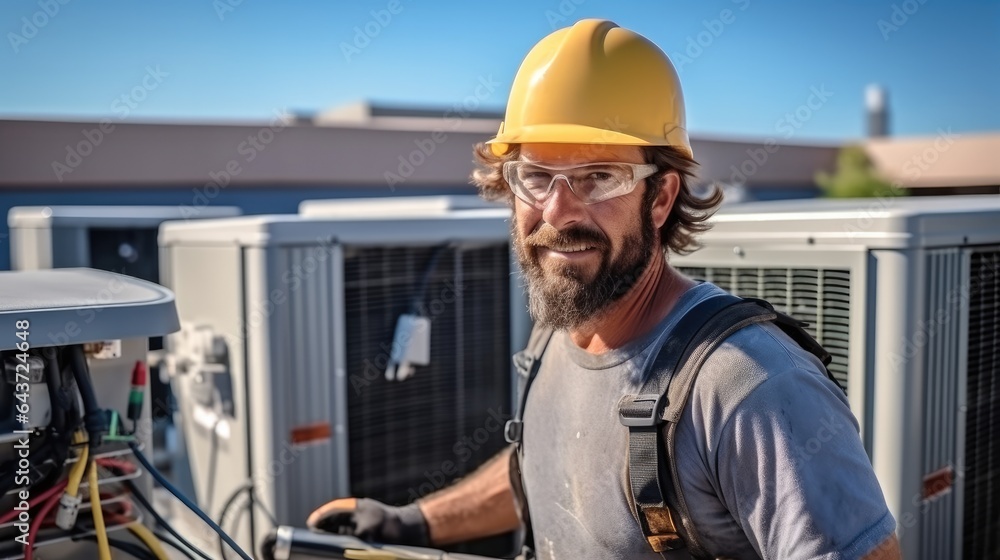 Technician working on air conditioning outdoor unit, Repairing air conditioner.