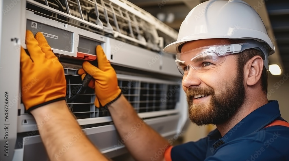 Air conditioner repairmen work on home unit.