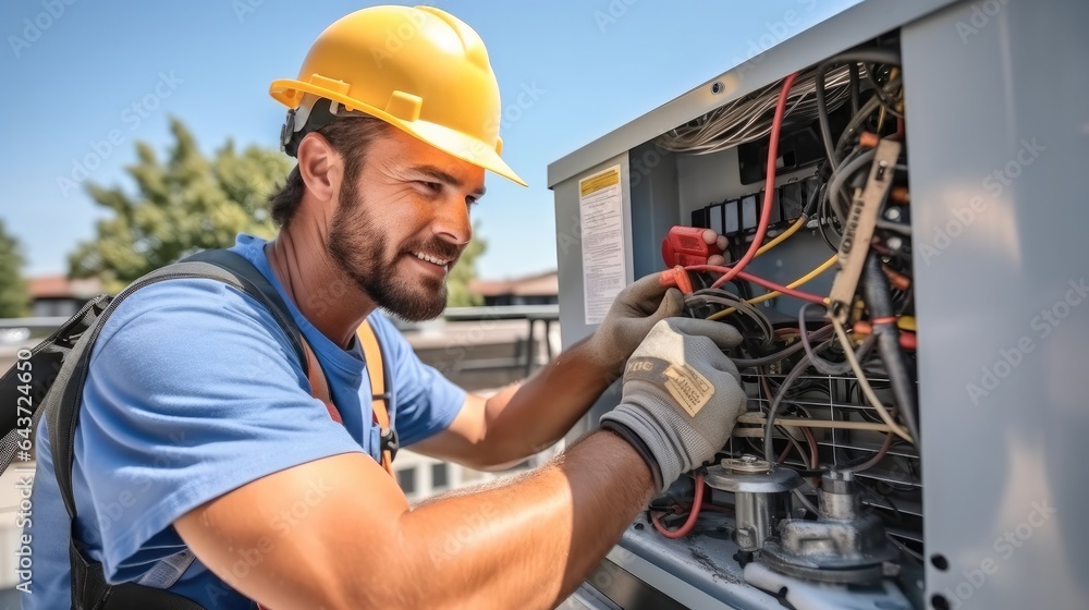 Air conditioner workers service outside unit at home.