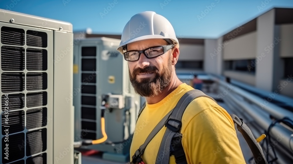 Technician working on air conditioning outdoor unit, Repairing air conditioner.