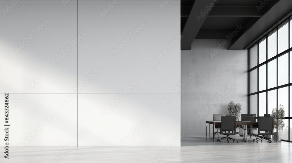 Open space office interior with blank wall.