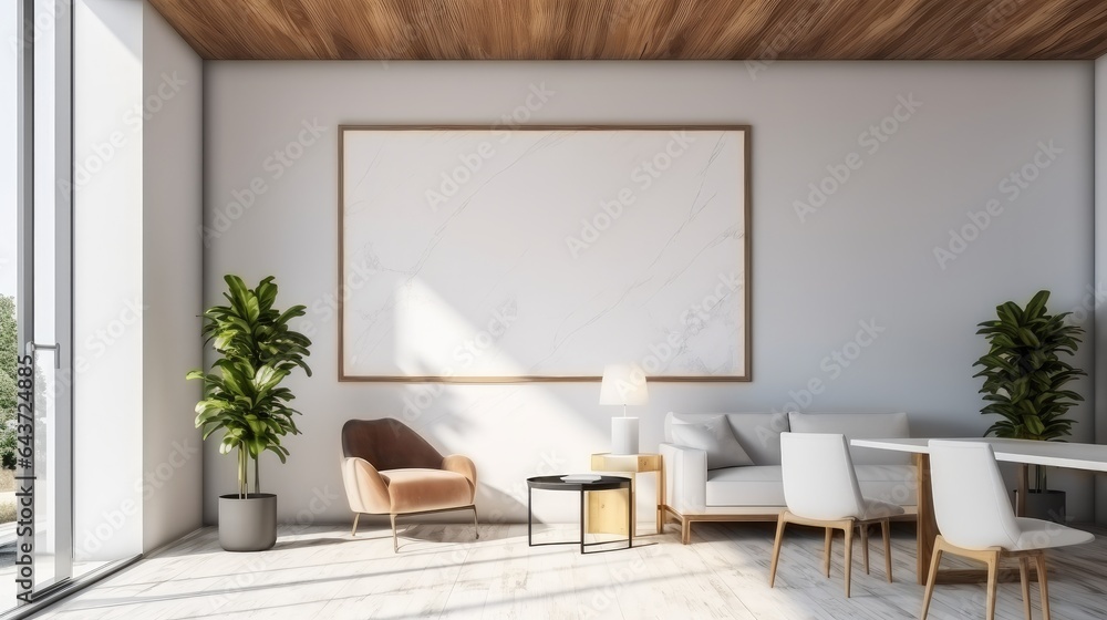 White and marble office lounge with vertical poster, Modern workplace.