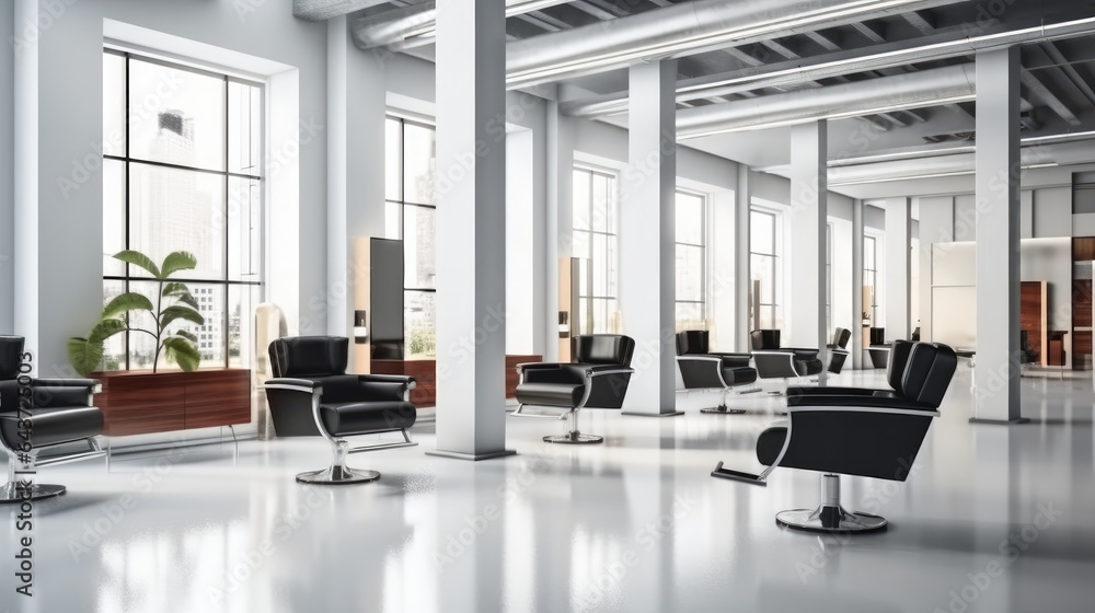 Chairs and stations in empty beauty salon.