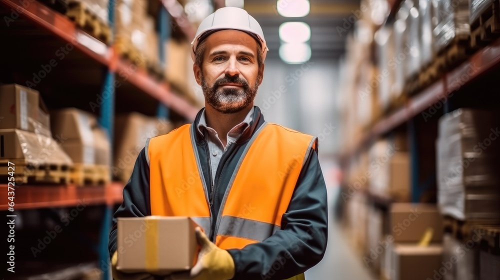 Manager in a warehouse is inspecting and arranging boxes on shelves, Inspecting goods in a storage a