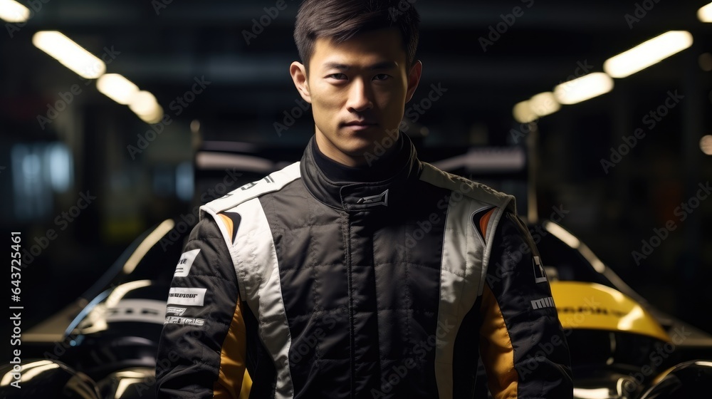 Man in racing dress, Female motorsport car racer standing in race car track.