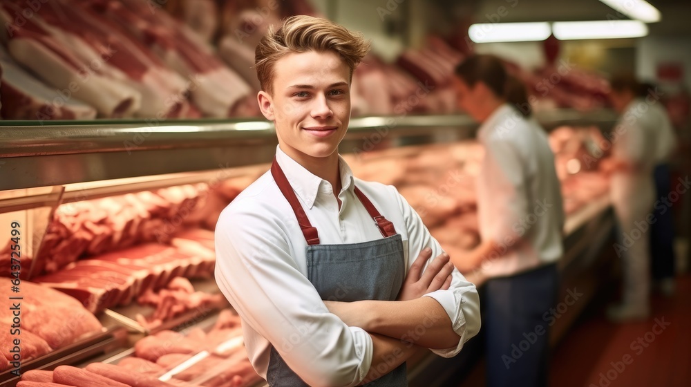 Butcher working in modern meat shop.